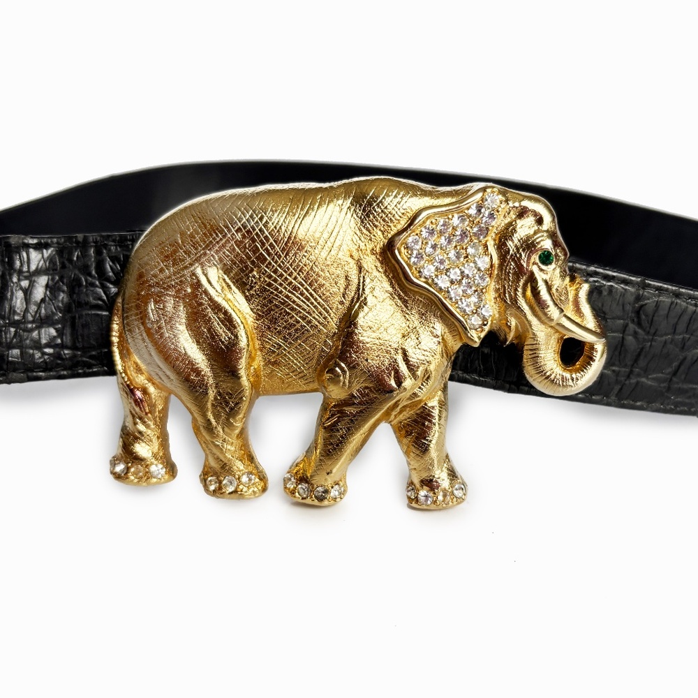 Elephant Belt Buckle with Rhinestones Vintage Retro 1980s with Croc Stamp Strap - Picture 11 of 12